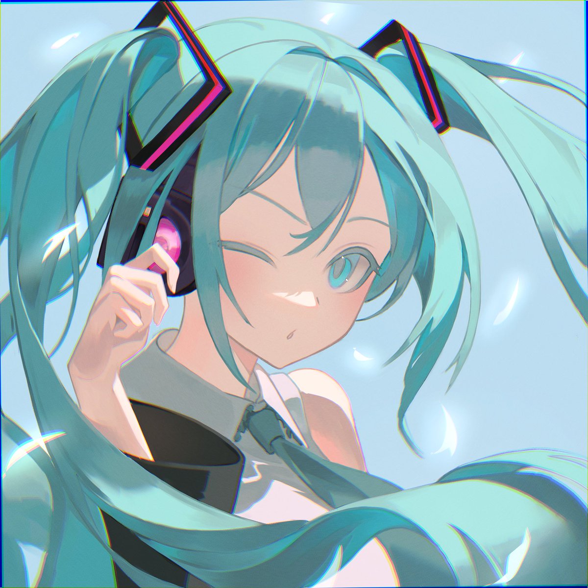 #콕카스_미쿠_합작  
#初音ミク  #HatsuneMiku

오리지널 미쿠로 참여합니다! 바람이 불어서 머리가 흩날리는 장면을 표현해보았습니다
 6개월만의 합작 참여네요🥹🥹