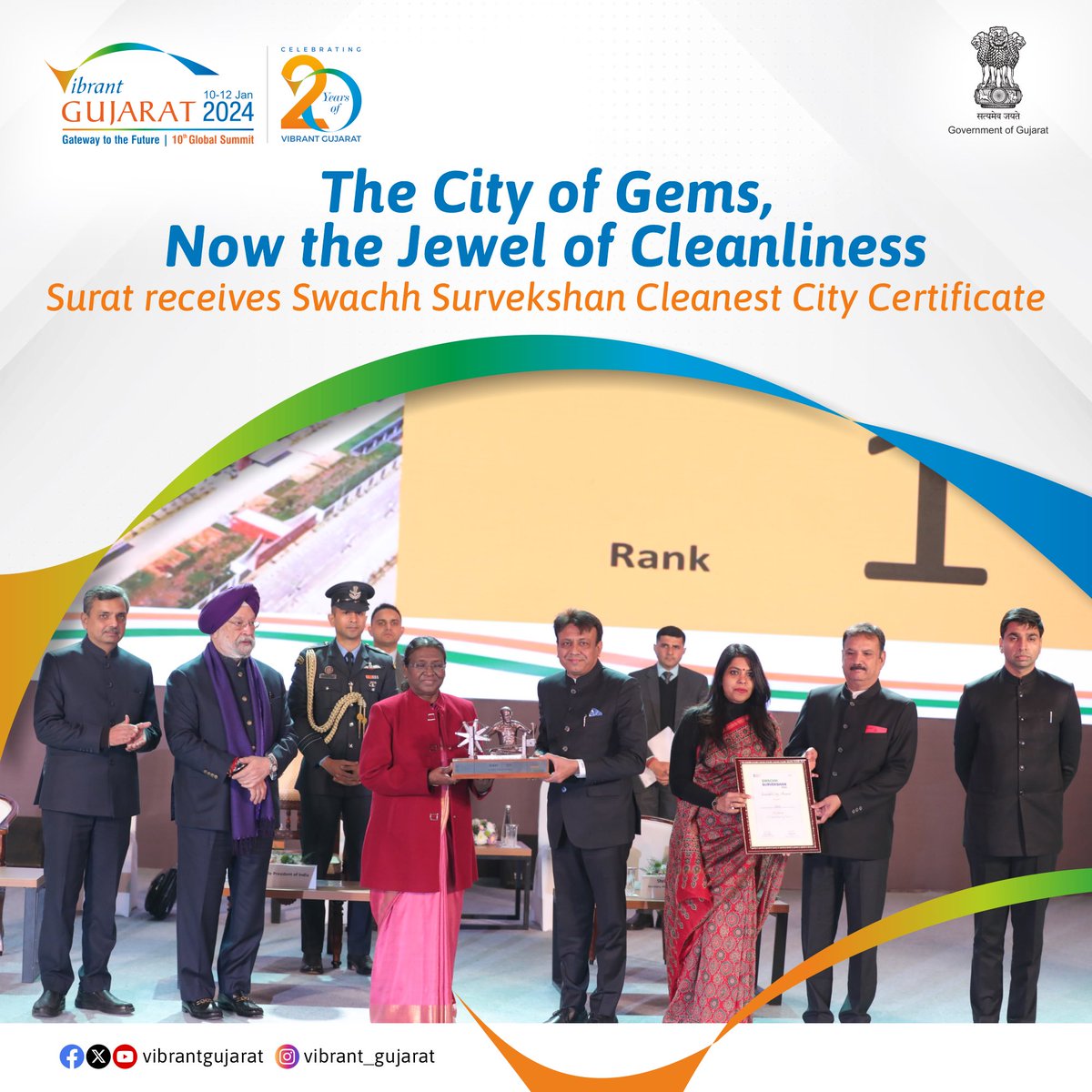 VibrantGujarat's tweet photo. In alignment with Hon’ble PM Shri @narendramodi’s vision of Swachh Bharat, #Surat has been certified as the cleanest city under Swachh Survekshan. (1/2) https://t.co/d6vqXgR8es