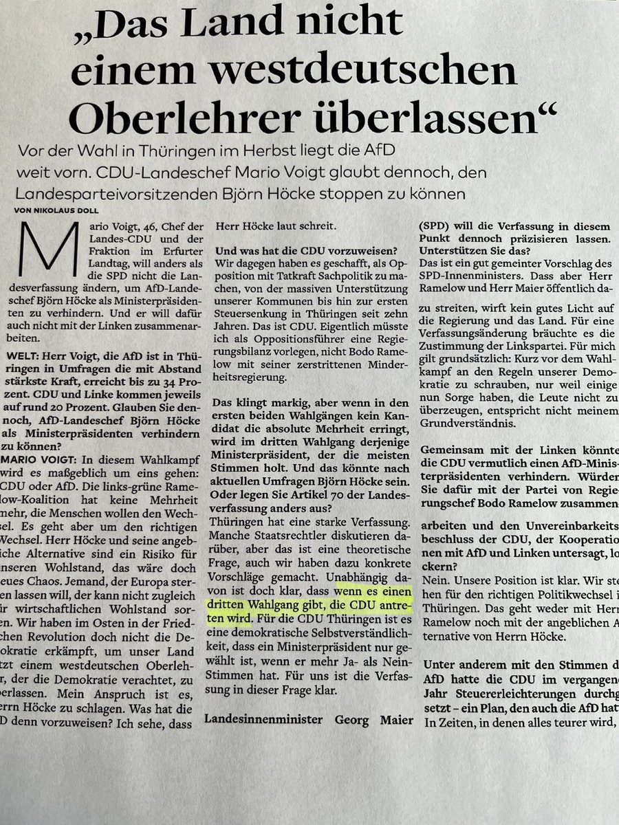 Das wäre nichts anderes als eine Erpressung aller anderen demokratischen Fraktionen durch @mariovoigt. Der #noAfD gibt es gleichzeitig Macht, bei der Wahl des MP. Das schadet der Demokratie.