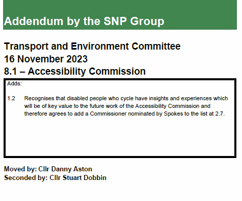 SpokesLothian's tweet photo. #EdinWebCast
Council to create #AccessibilityCommission
Report->https://t.co/05NN90J9Pe
Spokes (@DaveJFrench) deputn seeks representation, for people who use🚲/adapted bikes as mobility aids
We support @DAstonSNP amendt seeking this, to be discussed later in mtg
@toddles23 https://t.co/sq3KJlgPoN