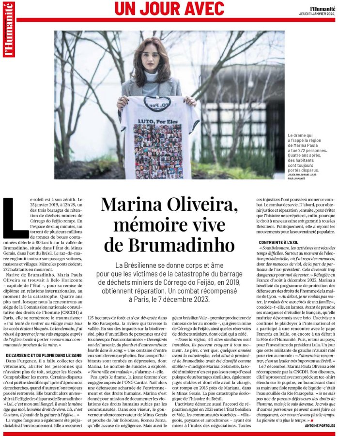 🇧🇷Aujd dans l'Huma, Un Jour Avec Marina Paula Oliveira <a href="/marinaoliveirx/">marina oliveira</a> , la porte-voix des disparus de Brumadinho. Depuis 2019, la militante brésilienne se bat pour défendre les victimes de la catastrophe du barrage de déchets miniers...
🗞️l'humanite.fr/environnement/… <a href="/Antoine_prtls/">Antoine_Portoles</a>