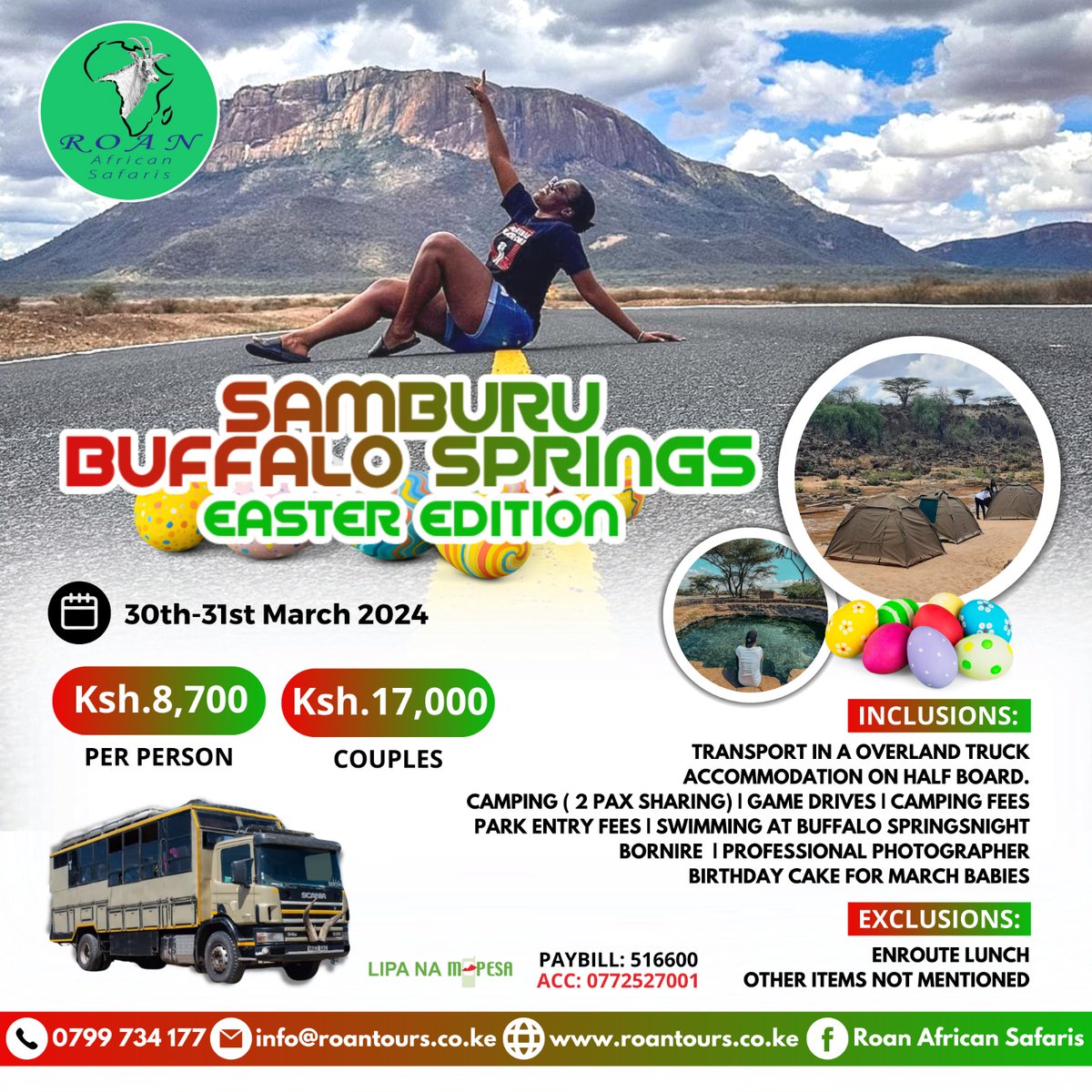roantours's tweet image. Get ready for the ultimate Easter retreat at Samburu Buffalo Springs! 🐾🌳 Enjoy overland truck rides, camping under the stars, and thrilling game drives. Book your spot now! 📆 #EasterEdition #SamburuSafari"  www,roantours.co.ke