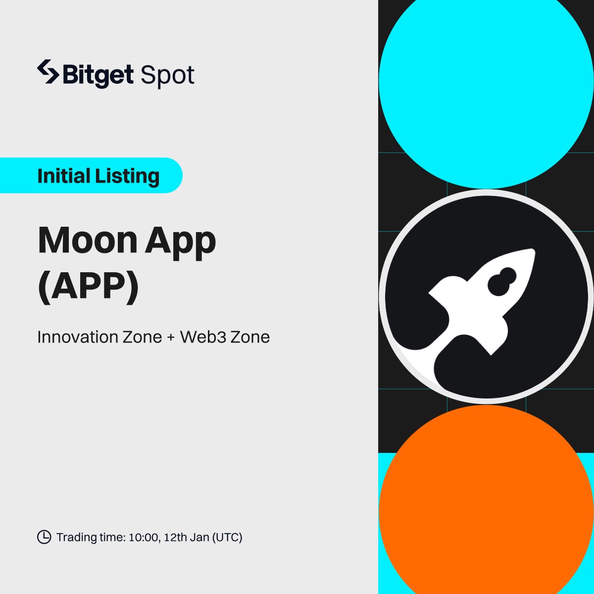 bitget's tweet photo. 💥 Initial Listing @MoonAppOfficial

#Bitget will list $APP/USDT on Jan 12, 10:00 UTC. Deposit now! Up to $10,000 in $APP for you to grab!

🎁 A total $100 #giveaway for 10 members! Follow, RT &amp; tag 3 friends.

Listing - https://t.co/MOah1VYTgf
Campaign - https://t.co/jByj5J0L2Q
