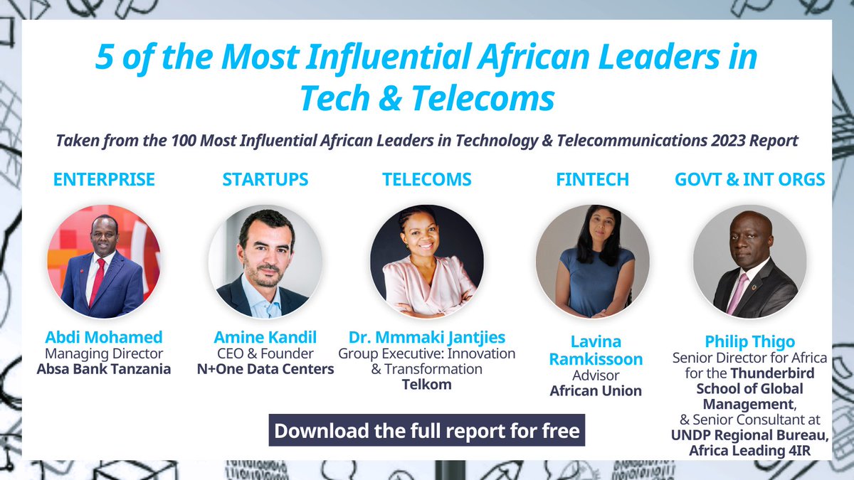 Meet the visionaries driving the #FourthIndustrialRevolution, featured in the '100 Most Influential #AfricanLeaders in Technology & #Telecommunications 2023' Report!🌍

Below are 5 of the leaders, taken from the report:

🔗 Download the full report here: get.knect365.com/africa-tech-fe…