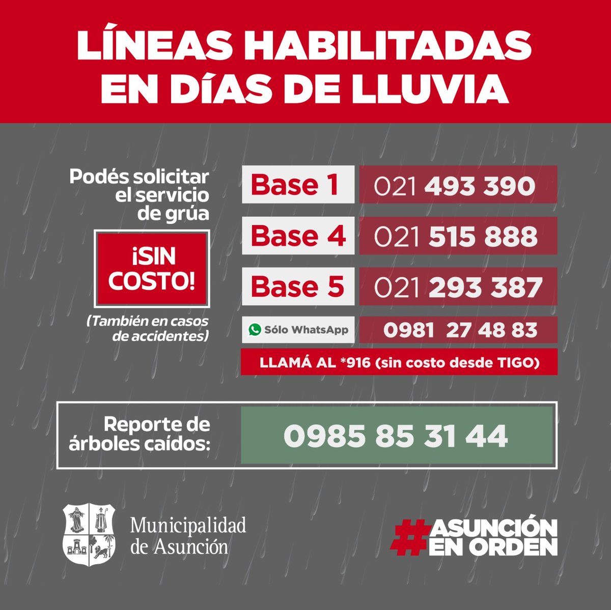 AsuncionMuni's tweet photo. Ante la alerta meteorológica que continúa vigente, ⛈️
te dejamos los números habilitados para casos de árboles caídos o requerimiento de grúa. 👇 https://t.co/8S7nLZVo3y