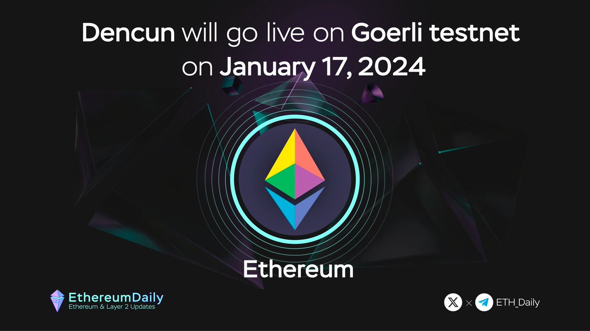 ETH_Daily's tweet photo. 🔊 Ethereum Dencun Upgrade (4844) will go live on Goerli testnet at 6:32 UTC on January 17, 2024!

The upgrade introduces "protodanksharding" (EIP-4844), featuring ephemeral data blobs to reduce L2 transaction fees.

More details you can found here
🔗https://t.co/fsYdBhaaWP https://t.co/rxHCIUNr6K
