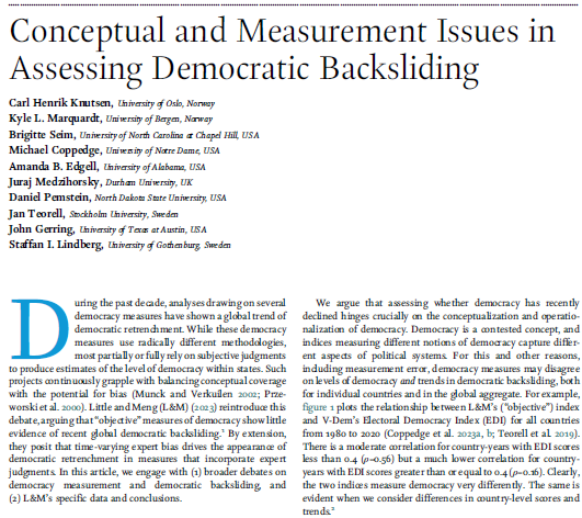 Today @ps_polisci published a symposium with many great contributions to the 'measuring democracy and implications for global backsliding debate.' The symposium includes a shorter article version (open access) of the paper detailed in the long thread below.