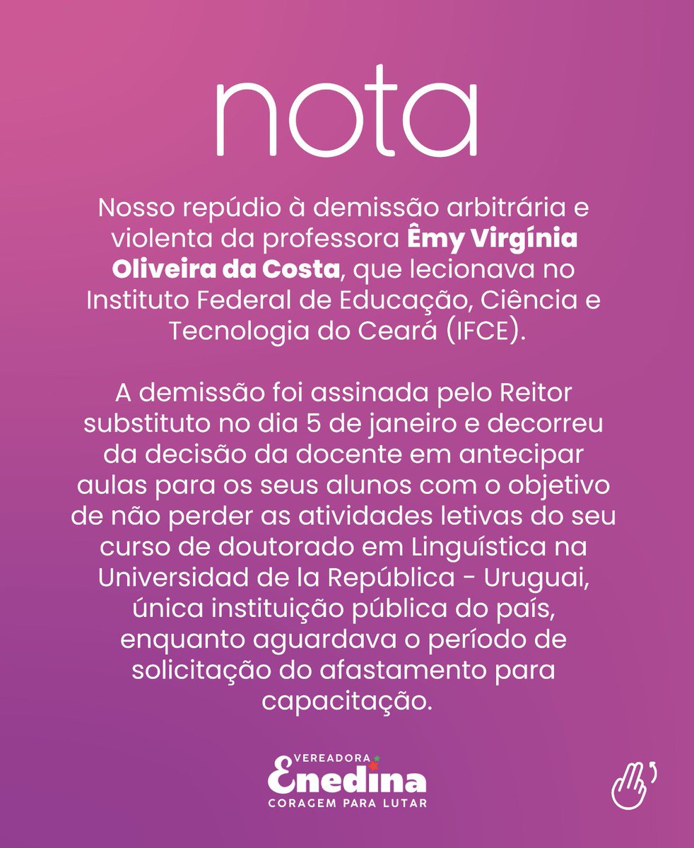 enedinasoares13's tweet photo. ✊🏽🏳️‍⚧️Nossa solidariedade à professora Êmy Virgínia, primeira mulher trans a lecionar no @ifceoficial, demitida arbitrariamente! 

Estamos juntas! 💪🏽

#VereadoraEnedina #VereadoraDeLuta #CoragemParaLutar #Caucaia #LGBT #LGBTQIA #IFCE #Trans https://t.co/C8UBaUkg2w