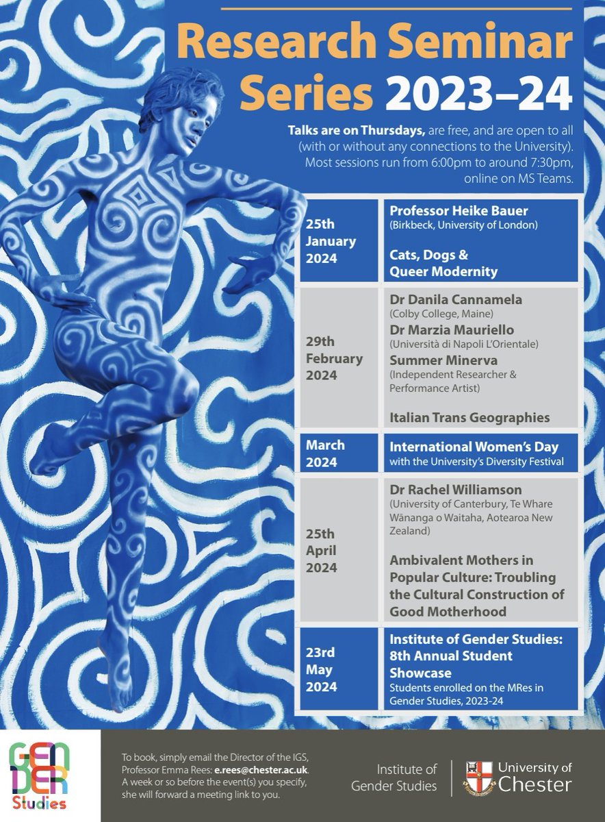 🚨Our 8th annual Institute of Gender Studies public research seminar series kicks off later this month! 🚨

On Teams. Open to everyone.

The first event's on Thurs. 25th Jan. 2024,  6pm: Prof. <a href="/Heike_Bauer/">Heike Bauer @heikebauer.bsky.social</a> (Birkbeck), on ‘Cats, Dogs &amp; Queer Modernity’. 🐾

DM for meeting links.