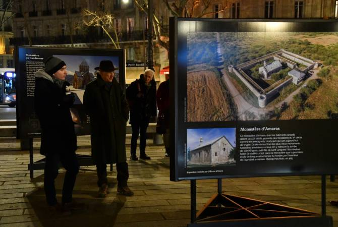 301arm's tweet photo. Paris has opened a photo exhibition in the Place de la Bastille on the endangered Armenian heritage of Artsakh.

The exhibition, titled "Nagorno-Karabakh: Endangered Armenian Heritage" has been organized by Paris City Hall and L’Œuvre d'Orient, a French, Catholic association, and will be open until January 15.