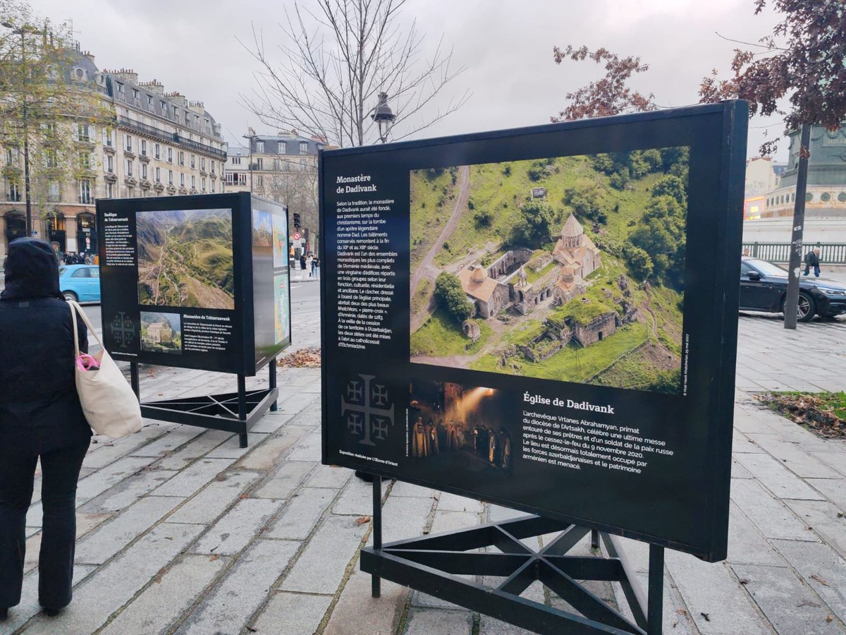 301arm's tweet photo. Paris has opened a photo exhibition in the Place de la Bastille on the endangered Armenian heritage of Artsakh.

The exhibition, titled "Nagorno-Karabakh: Endangered Armenian Heritage" has been organized by Paris City Hall and L’Œuvre d'Orient, a French, Catholic association, and will be open until January 15.