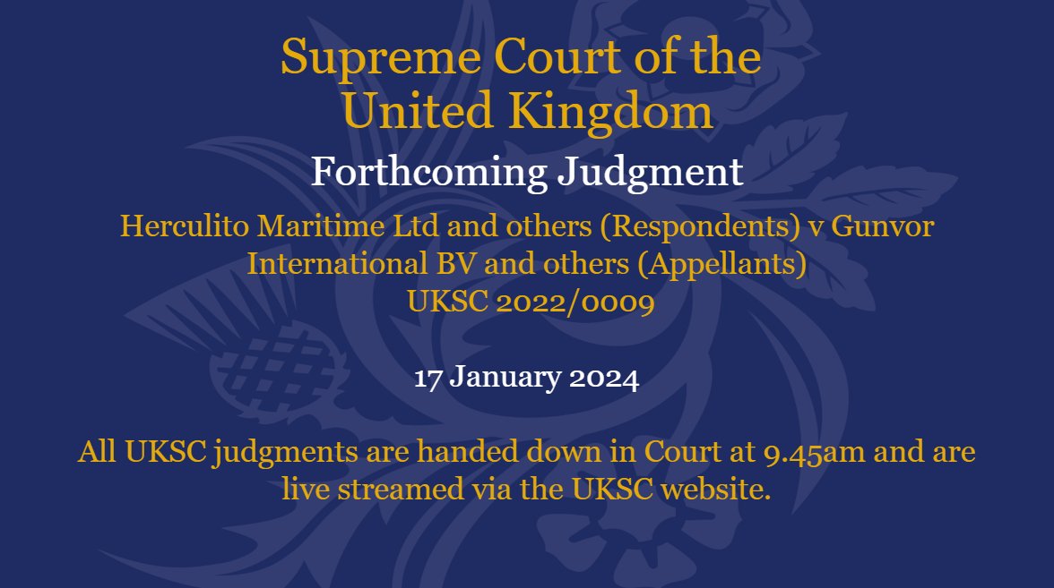 Judgment will be handed down on Wednesday 17 January in the case of Herculito Maritime Ltd and others (Respondents) v Gunvor International BV and others (Appellants) UKSC 2022/0009: supremecourt.uk/cases/uksc-202…