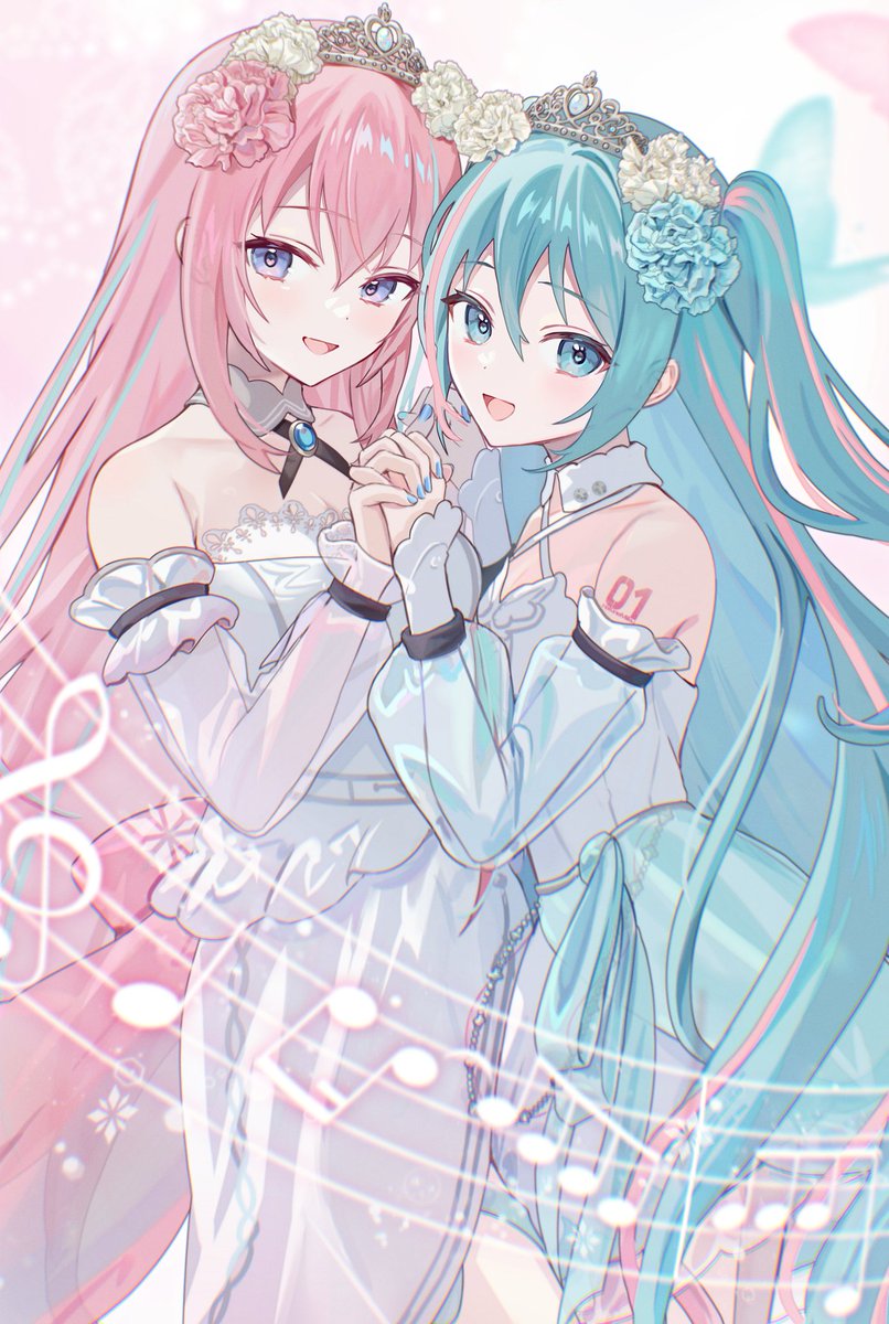 hatsune miku ,megurine luka multiple girls 2girls long hair pink hair dress hair ornament holding hands  illustration images