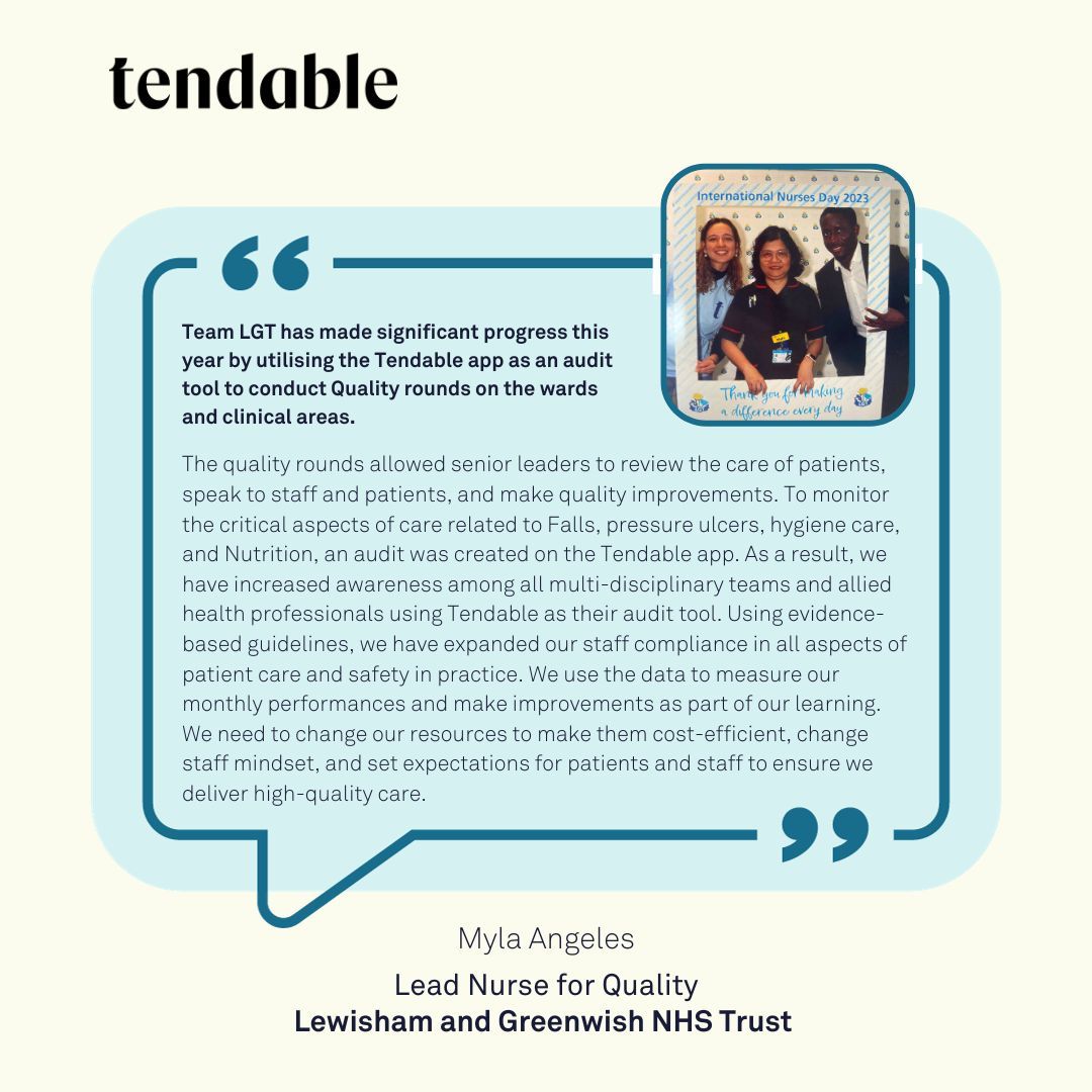 WeAreTendable's tweet photo. Last month, we held a Christmas Giveaway - let me introduce our winner, @AngelesMyla and her team at @LG_NHS shared how Tendable has improved the quality in her organisation.

Congratulations to Myla and her team for their well-deserved win!

#Tendable #TeamLGT #Healthcare #NHS https://t.co/vaxWqg0ABW