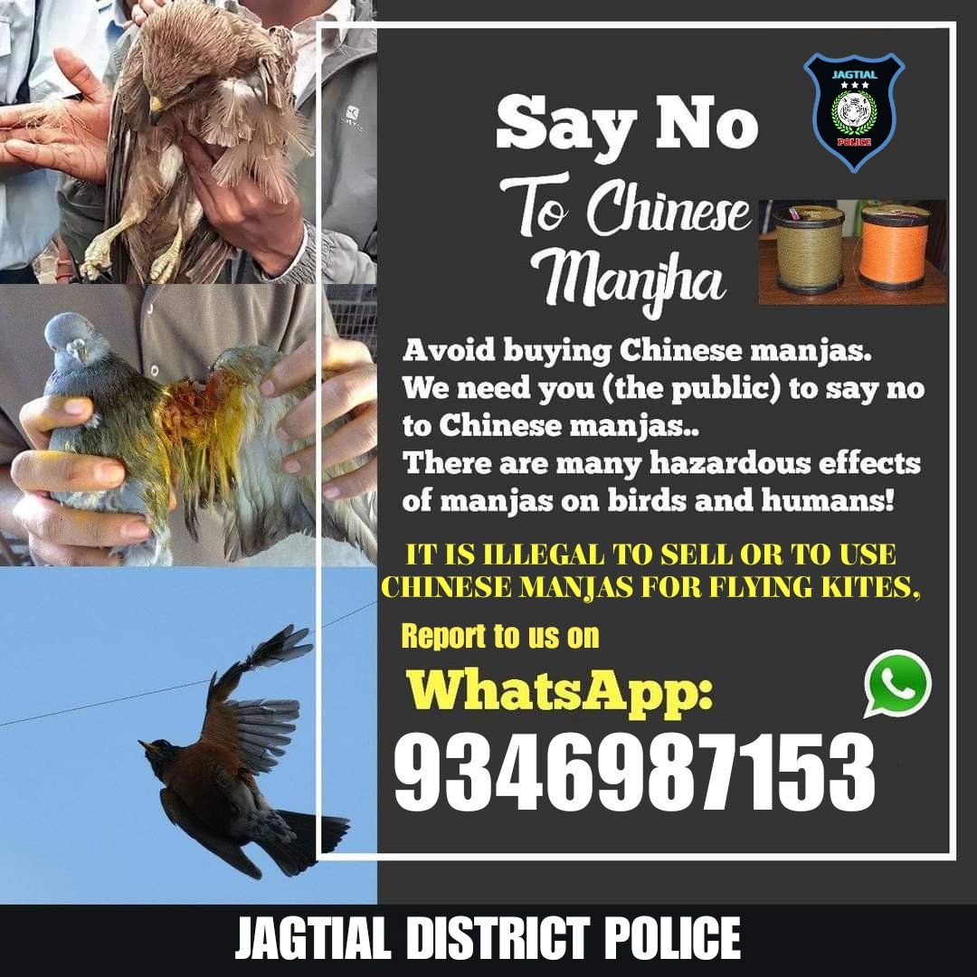 SpJagtial's tweet photo. Say no to Synthetic &amp; Chinese Manja this #MakarSankranti as it is harmful to both Humans and Birds. #ChineseManja #SaveBirds #BeSafe 
#AvoidChineseManja https://t.co/clMavSyMTP