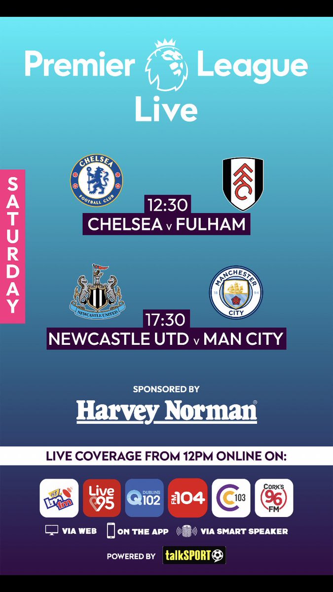 TrevorWelch_1's tweet photo. Premier League Live @talkSPORTLive with @harveynormanIE returns on Saturday with @ManCity @NUFC &amp; @ChelseaFC all in action. Our stats man @YeomansChad joins us once again on the show &amp; @Fabster191 looks ahead to the days action. Join us from 12pm. @rob96fm @urbanmediairl https://t.co/YglB7isdli
