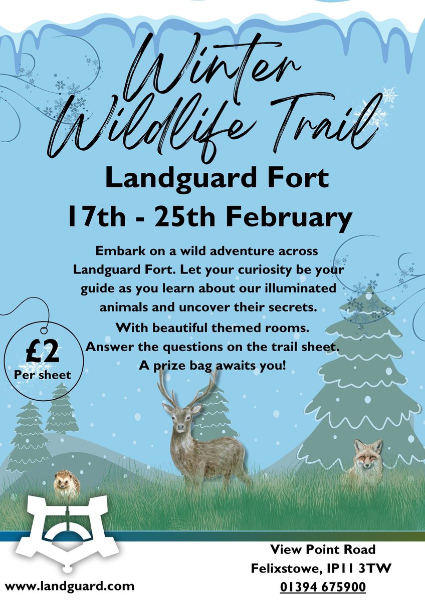 Our beautiful Winter Wildlife Trail is back for 2024. Join us for the February half-term with adventure and fun! 
landguard.com
#winterwildlifetrail #landguardfort #februaryhalfterm