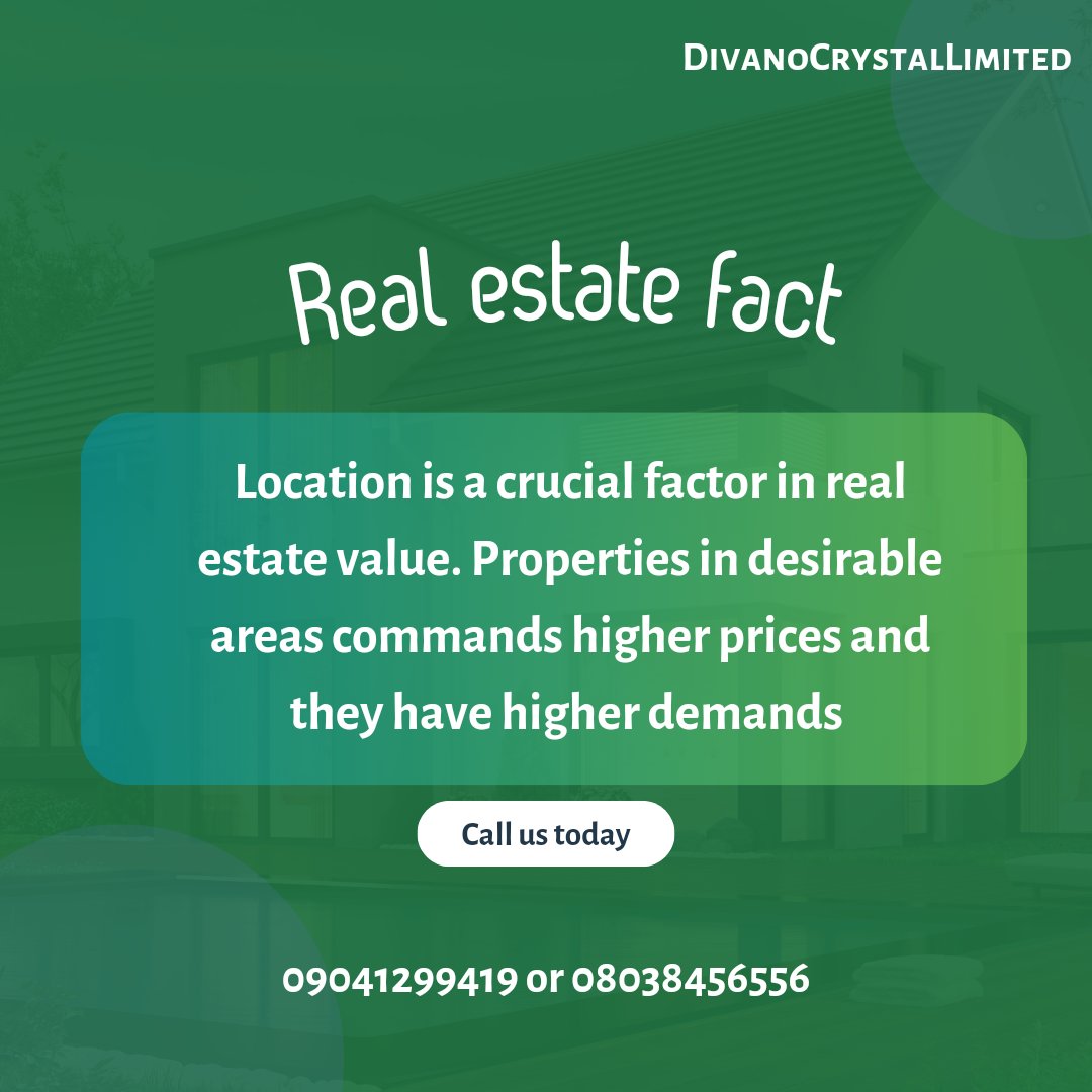 DivanoCrystal's tweet photo. The location of a property is an important factor you shouldn't ignore when buying a land or a house.
If you need professional advice, call these numbers 
09041299419 or 08038456556.

We expect to hear from you soon.

#realestatewisdom #realestatefact #realestateagent https://t.co/Cfo7cXVkqC