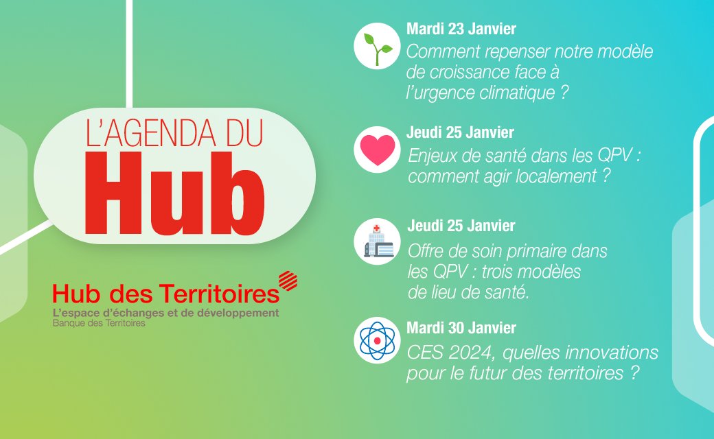 BanqueDesTerr's tweet image. Le calendrier des prochains événements du #HubdesTerritoires est disponible !

Venez assister aux débats, au programme : #croissancedurable, #QPV, et #innovations présentées lors du @CES 2024 

👉 urlr.me/TKVj1