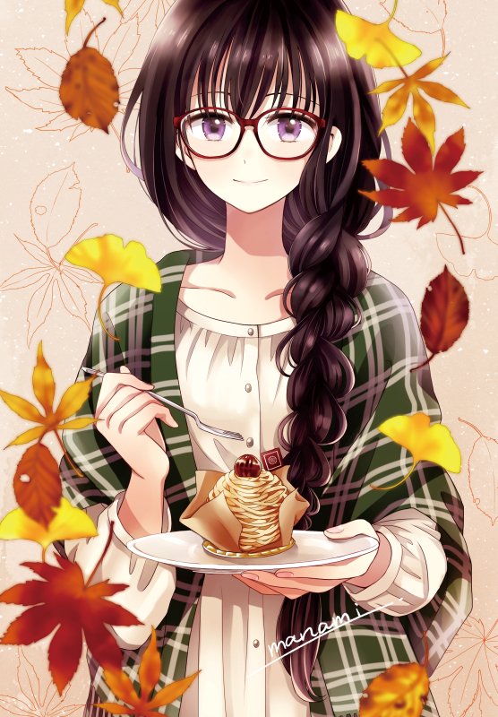 1girl solo plate glasses holding long hair black hair  illustration images