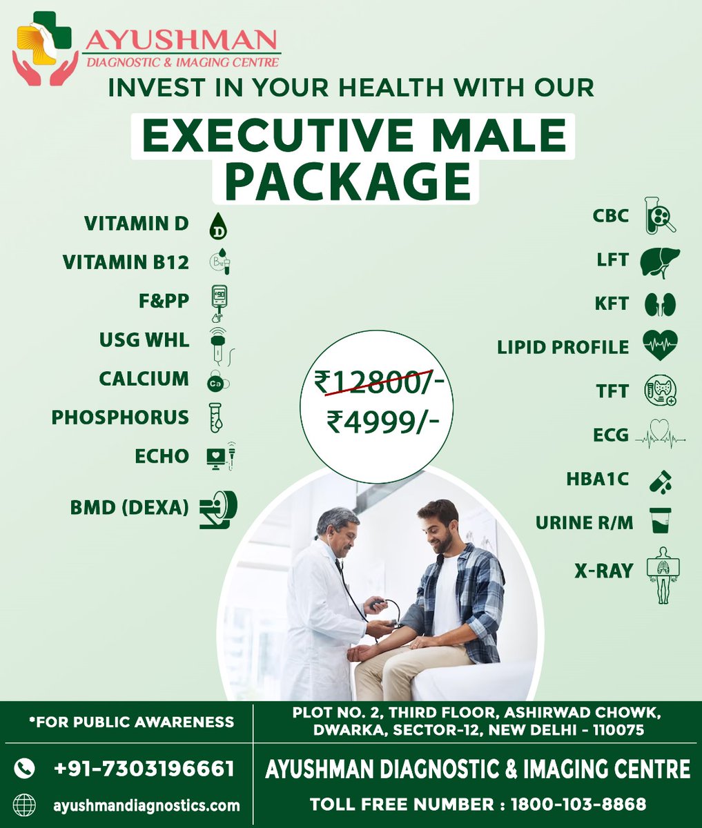Ayushmandiagnos's tweet photo. We are offering the best Male Health Check up Package in Dwarka at the lowest price to prioritizing men's health with advanced screenings and personalized care
#cbc #lft #cbctest #lfttest #kfttest #tfttest #urine #urineroutine #lipid #xray #calcium #vitamind #bodycheckup https://t.co/ov7F9idzl3