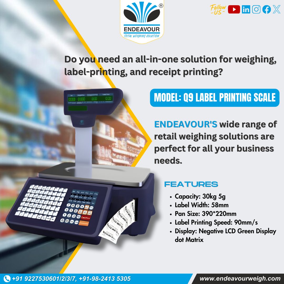 Do you need an all-in-one solution for weighing, label printing, and receipt printing?

ENDEAVOUR's wide range of retail weighing solutions is perfect for all your business needs.

#IntegratedSolutions #EfficiencyElevated #AllInOneSolution #Endeavour #EndeavourWeigh