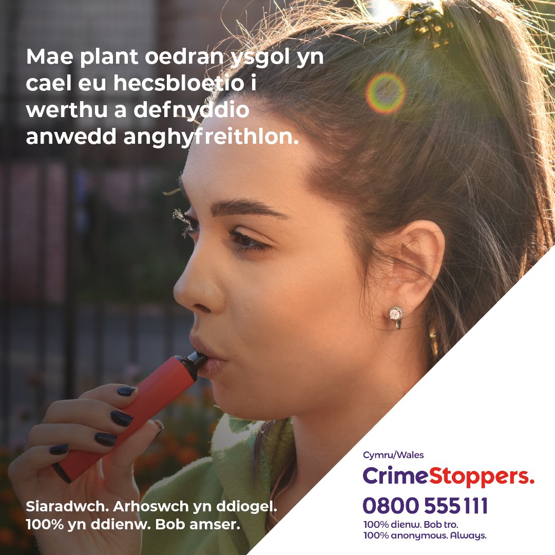 The NHS are reporting a 9% rise in the number of 11-15 year olds vaping - and as such, criminal gangs have evolved their tactics to use vapes as a way to target young people. Learn the signs to spot and speak up, 100% anonymously @Wales_CS @CrimestoppersUK