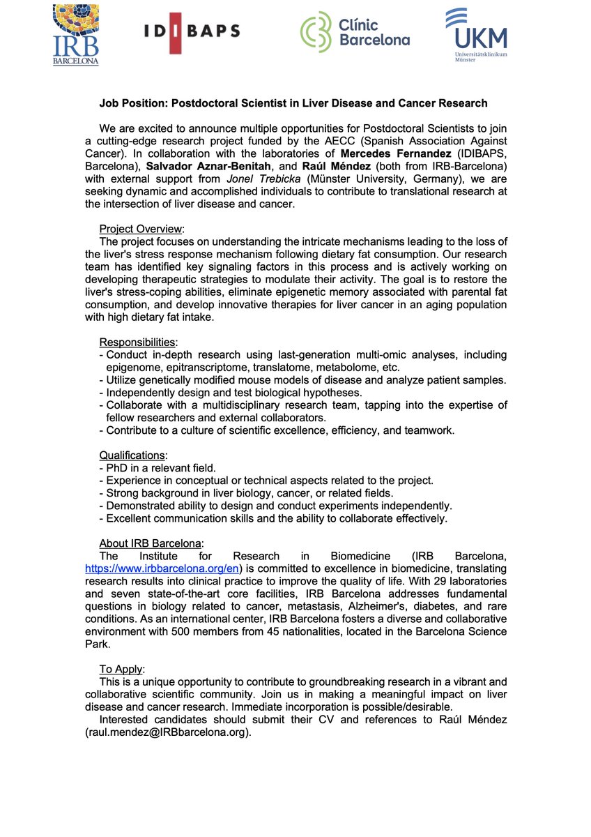 🔬 Exciting Opportunity in Liver Disease and Cancer Research! 🚀 Join our cutting-edge collaborative project funded by @ContraCancerEs with @RMendezLab @AznarLab @mercefdez_lab @IRBBarcelona @IDIBAPS @uni_muenster. Multiple Postdoc positions available! Details 👇