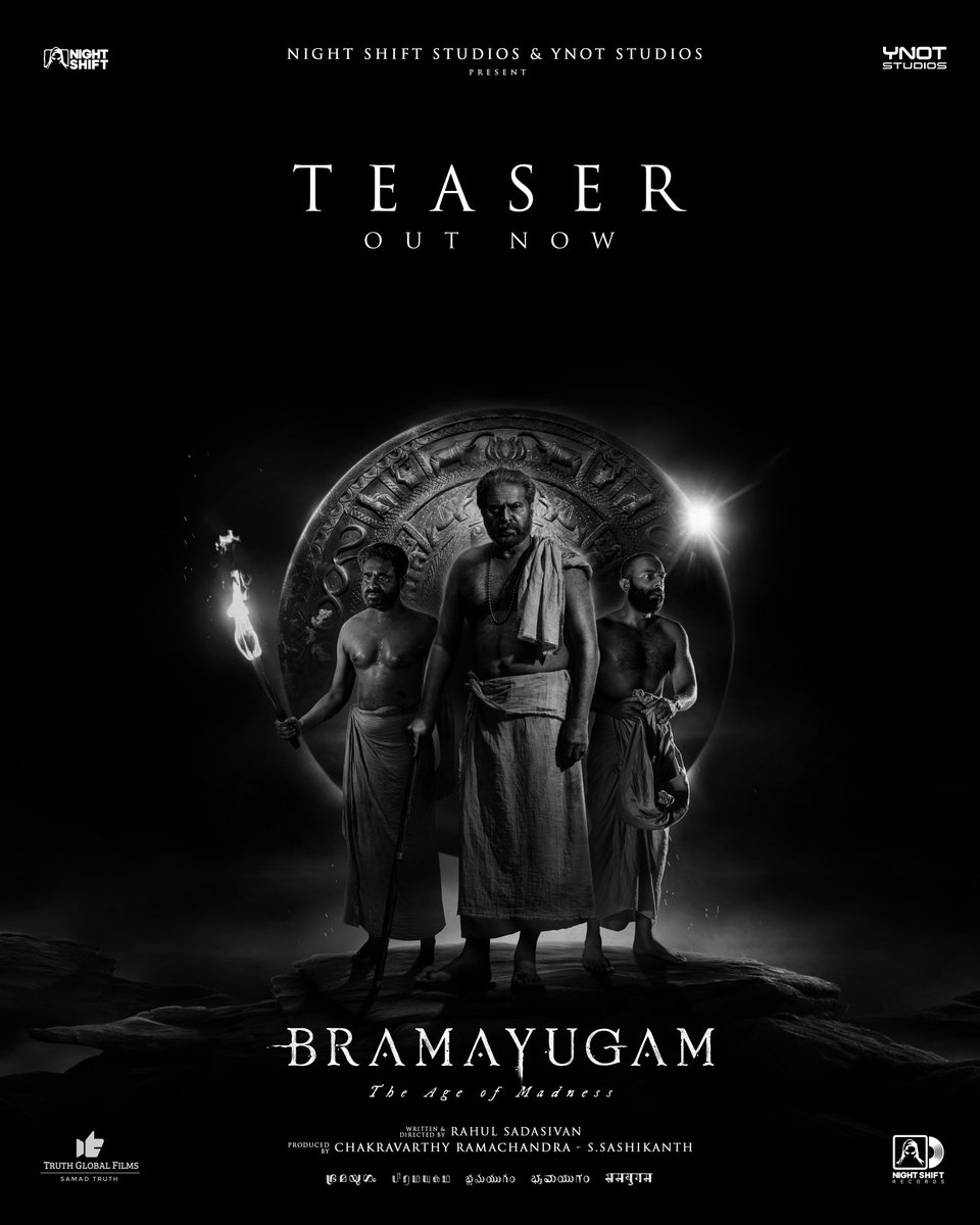 #Bramayugam - Malayalam Teaser is here : youtu.be/SfsWWXQK8pg Written & Directed by #RahulSadasivan Produced by @chakdyn @sash041075 Banner @allnightshifts @studiosynot