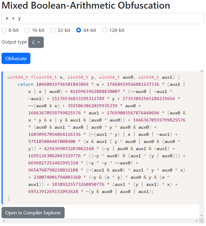 mrexodia's tweet photo. Great series of blog posts by @justuspolzin that makes Mixed Boolean-Arithmetic obfuscation very accessible: https://t.co/75z3cK5s5y. There is even a web interface available to play with! https://t.co/PrVVxy42h2 https://t.co/YpsFG7naiN