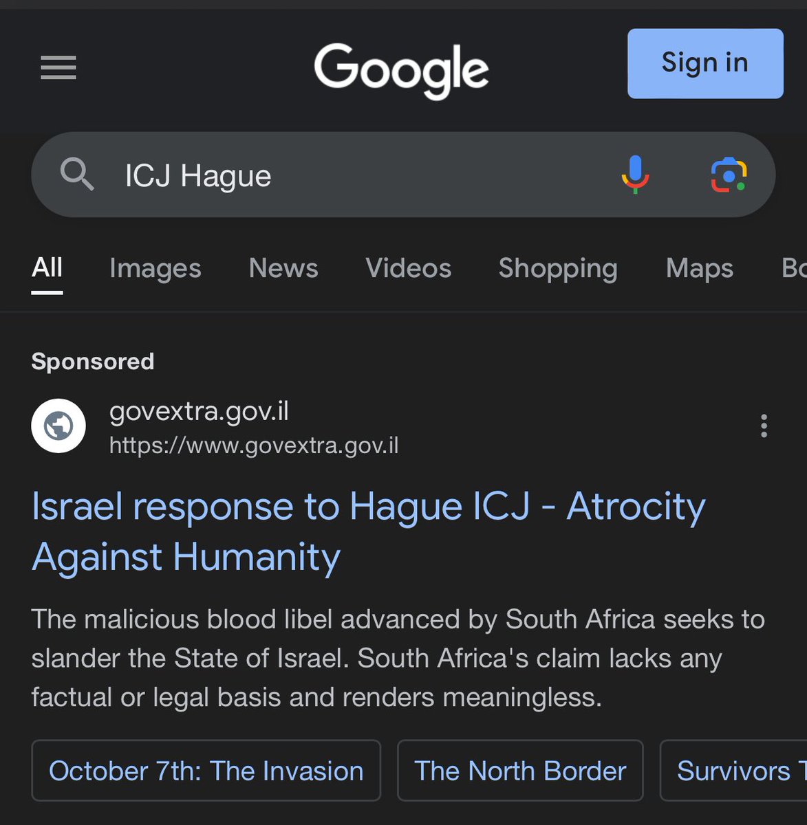 jfc @Google allowing this as a ‘sponsored’ (paid ad) - the first result you see - when searching for the ‘ICJ Hague’ is disgusting