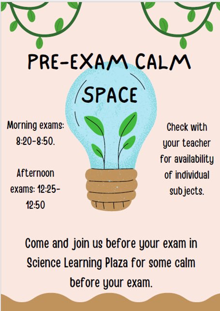 With senior prelims coming up there will be a calm space set up in the Science Learning Plaza for you to come &amp; get ready for all of your prelims- preparation resources, snacks and some positive words will be on offer. Good luck everyone! ⭐️💪🏻