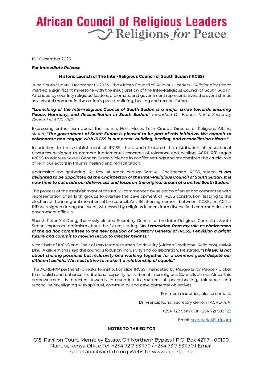 🌍 Exciting news!!! The Inter-Religious Council of South Sudan has now been established, a milestone in fostering understanding, #Respect, and #collaboration among diverse faith communities in the country.