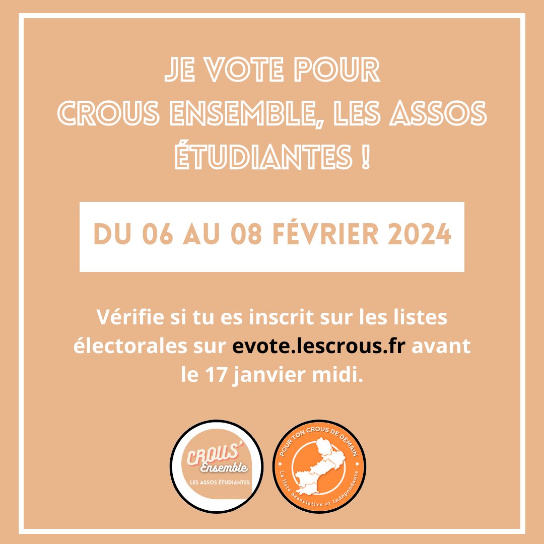 📣 Du 6 au 8 février 2024, soutenez #CrousEnsemble, la Liste Indépendante du CROUS de Montpellier.

Avant de voter, assurez-vous d'être sur les listes électorales ! 🗂️ Deadline : 17 janvier à midi sur evote.lescrous.fr. Chaque vote compte ! 🕒