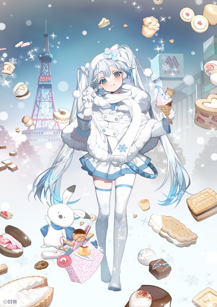 hatsune miku ,rabbit yukine ,yuki miku 1girl food scarf thighhighs doughnut twintails skirt  illustration images