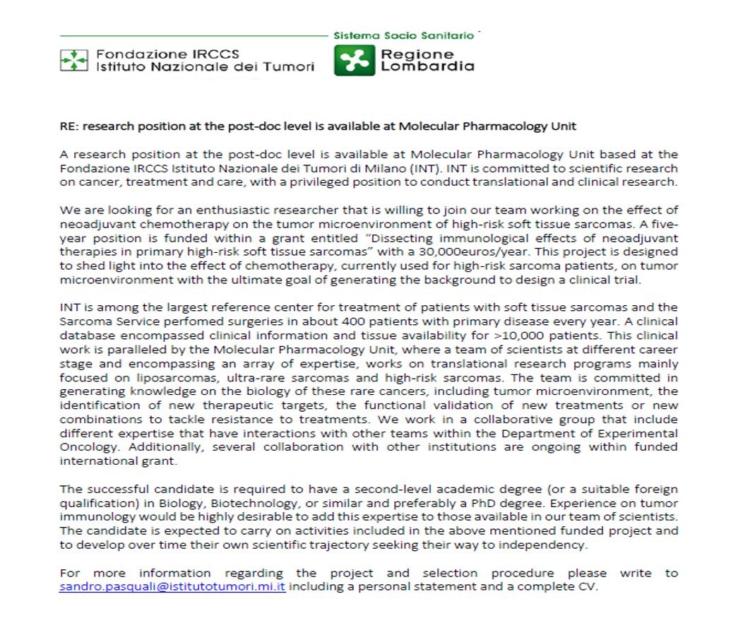 Sandro Pasquali (@sandro_pasquali) on Twitter photo #Postdoc position available on #sarcoma #Immunity at Molecular Pharmacology of <a href="/IstTumori/">Istituto Tumori</a> - if interested please contact sandro.pasquali@istitutotumori.mi.it #Postdoc position available on #sarcoma #Immunity at Molecular Pharmacology of <a href="/IstTumori/">Istituto Tumori</a> - if interested please contact sandro.pasquali@istitutotumori.mi.it