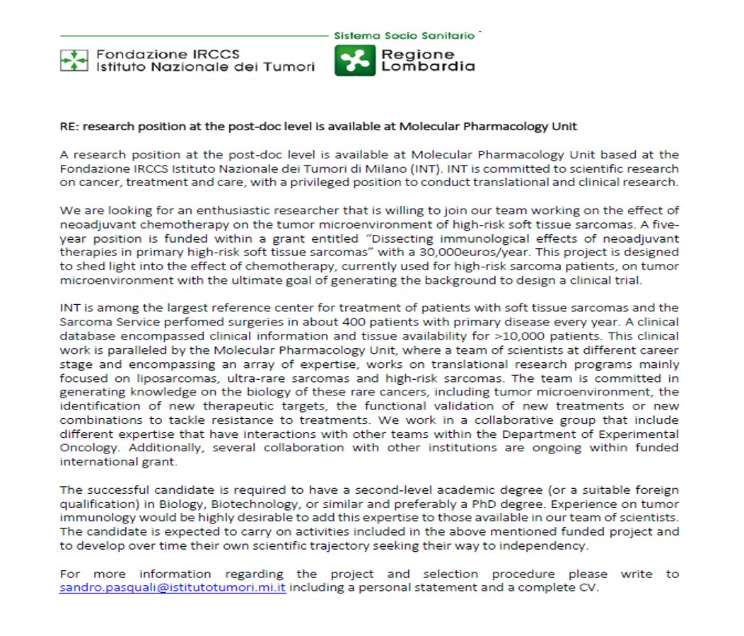 #Postdoc position available on #sarcoma #Immunity at Molecular Pharmacology of @IstTumori - if interested please contact sandro.pasquali@istitutotumori.mi.it