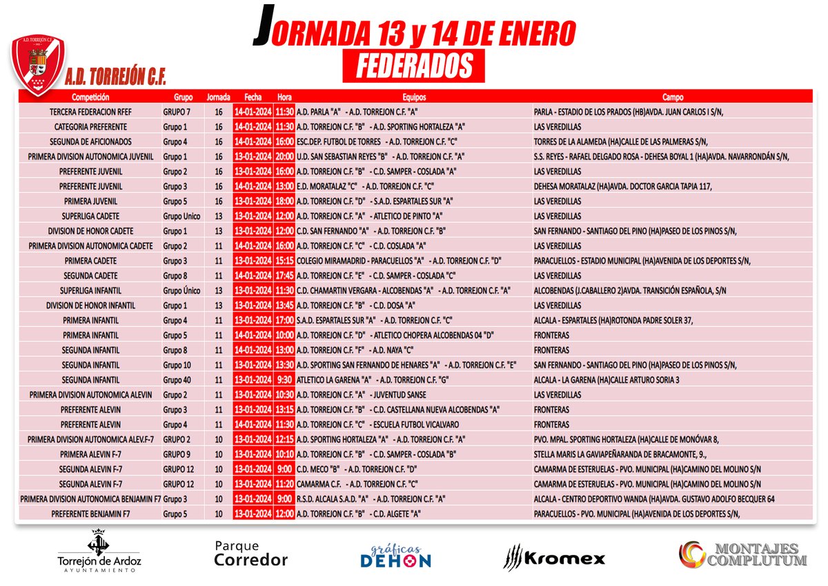 AdTorrejoncf's tweet photo. 🗓HORARIOS PARA ESTE FIN DE SEMANA ⚽💪
#montajescomplutum #70aniversarioADT https://t.co/4x4ew6EKNJ
