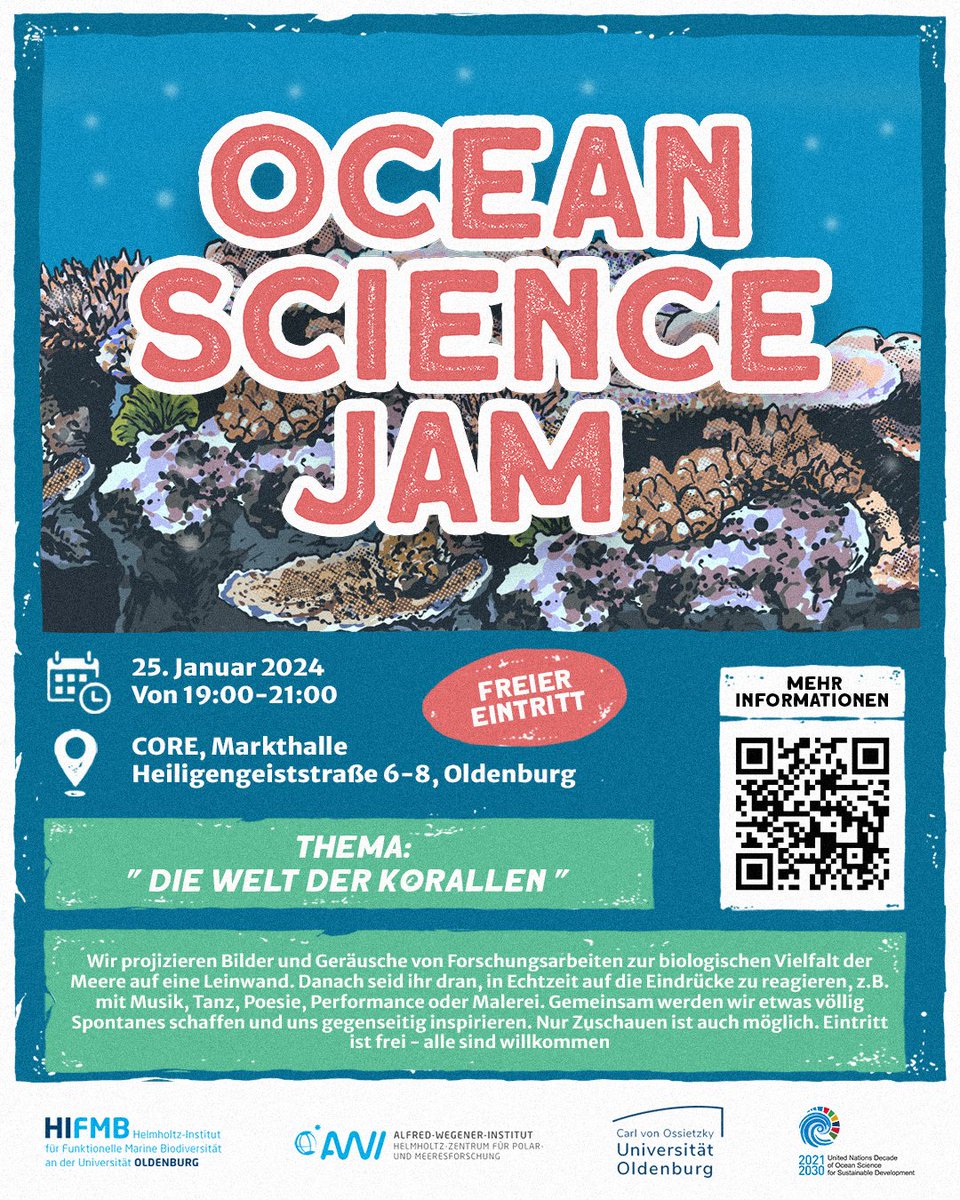 Don’t miss our 2nd #OceanScienceJam! This time on the world of corals 🪸🐠
Artists from all fields react in real time to images and sounds from science.
📆 January 25 | 7pm | Core Oldenburg
Be there, as a dancer, painter, musician... or simply watch and enjoy. 🤩
<a href="/AWI_Media/">AWI Media</a>