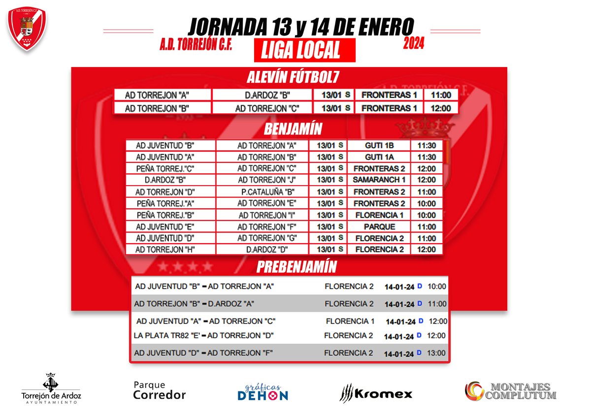 AdTorrejoncf's tweet photo. 🗓HORARIOS PARA ESTE FIN DE SEMANA ⚽💪
#montajescomplutum #70aniversarioADT https://t.co/4x4ew6EKNJ