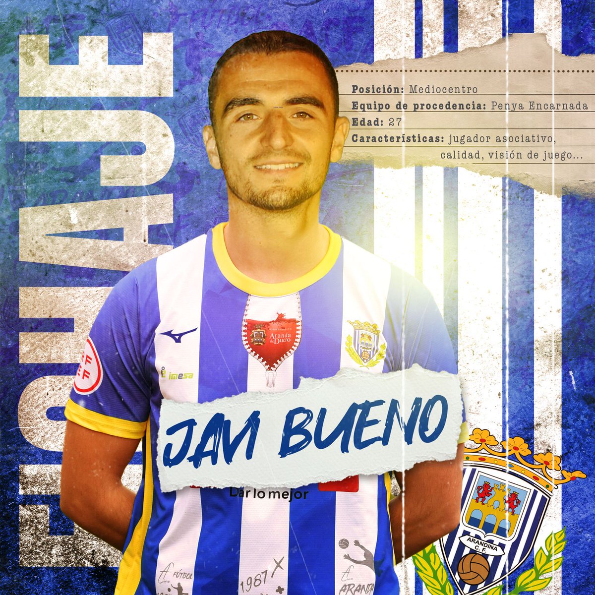 ALTA ⏫⏫
La <a href="/ArandinaCF/">Arandina C.F.</a> se hace con los servicios del jugador madrileño <a href="/javibueno13/">Javi Bueno</a> para lo que resta de curso. Mediocentro de gran capacidad asociativa y visión de juego, Bueno se une al proyecto de <a href="/AlexIzdo_10/">Alex Izquierdo</a>.  Llega procedente del <a href="/PenyaEA/">Penya Encarnada</a>. Antes militó en el <a href="/CFTalavera/">CF Talavera de la Reina</a>.