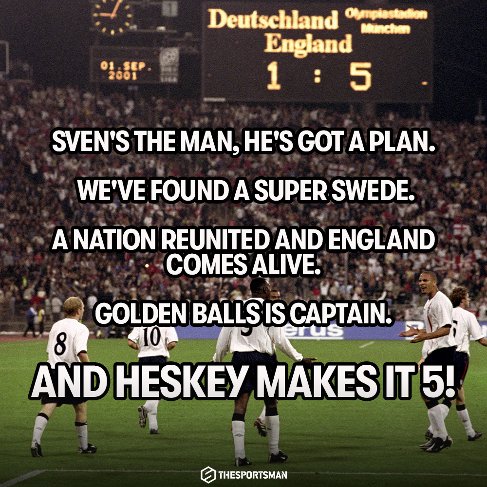 TheSportsman's tweet photo. 🇩🇪 Germany 1-5 England 🏴󠁧󠁢󠁥󠁮󠁧󠁿

🚀 David Beckham's free-kick against Greece 🇬🇷

🇯🇵 The World Cup in Japan &amp; South Korea 🇰🇷

So many unforgettable moments during Sven-Goran Eriksson's tenure as #ThreeLions manager... https://t.co/ni3Flrdfih
