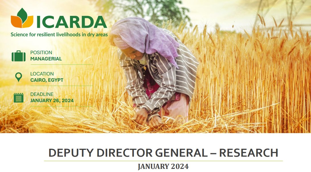 vlopezsaavedra's tweet photo. .@ICARDA is hiring a Deputy Director General - #Research, to be based at their offices in #Cairo (Egypt). PhD and +15 yrs of relevant experience required. Deadline: 26 Jan https://t.co/AS53XK3gBD
#devjobs #science4dev @CGIAR https://t.co/BHMihGmS4G