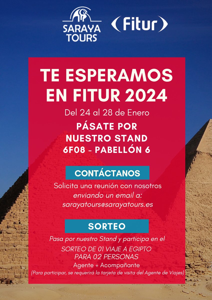 📢 𝐏𝐑𝐎𝐌𝐎 | <a href="/SarayaTours/">Saraya Tours</a>

👉 Saraya Tours en Fitur. ¡Ven a vernos y gana un viaje a Egipto!

🌐 bookingfax.com/?mod=mailing&c…