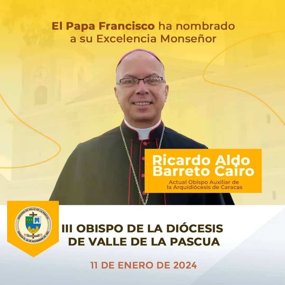 DiocesisVDLP's tweet photo. El Papa Francisco ha aceptado la renuncia al gobierno Pastoral de la Diócesis de Valle de La Pascua de Mons. Ramón José Aponte Fernández y ha nombrado en su lugar a Mons. Ricardo Barreto, hasta ahora Obispo auxiliar de la Arquidiocesis de Caracas https://t.co/TJNoBhm85O