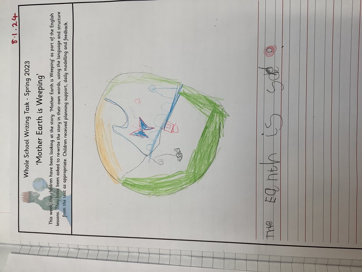 GRPAHazel's tweet image. This week we have been writing a sentence linked to the story Mother Earth is weeping. The children have thought carefully about what sounds they can hear and applied their phonics brilliantly when writing. Well done Hazel class. 😊