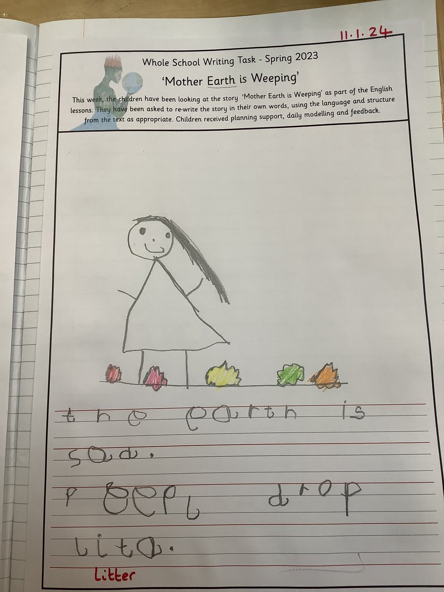 GRPAHazel's tweet image. This week we have been writing a sentence linked to the story Mother Earth is weeping. The children have thought carefully about what sounds they can hear and applied their phonics brilliantly when writing. Well done Hazel class. 😊