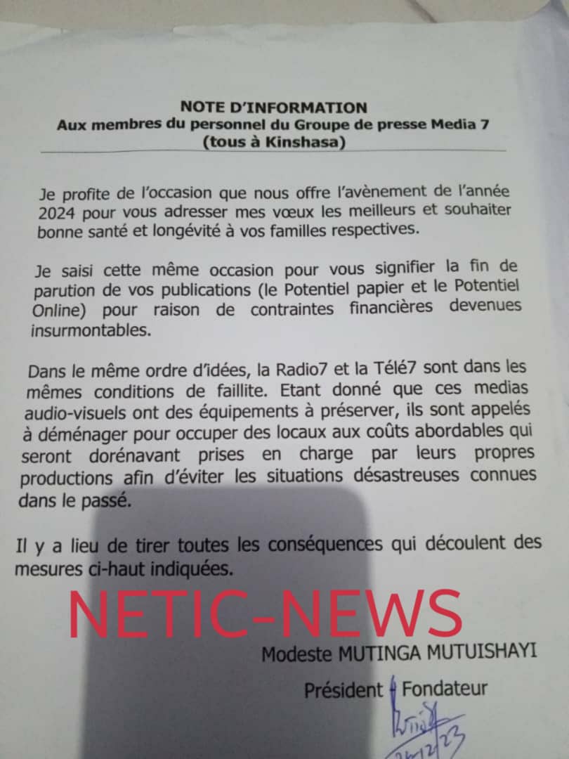 SeyGauthier11's tweet photo. Urgent : le premier quotidien du pays, Le #Potentiel, un média quarantenaire depuis octobre 2022, vient de mettre la clé sous le paillasson. Décision du président-fondateur Modeste #Mutinga, qui renvoie ses agents bredouilles, après de bons et loyaux services. (Doc) https://t.co/fMaSXwmndd