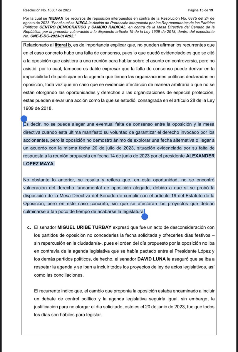 AlexLopezMaya's tweet photo. #ATENCION 🚨| El año pasado al final de mi mandato como presidente del @SenadoGovCo, recibí un injusto ataque político por parte de la oposición a través de calumnias, malos tratos y varias tutelas en mi contra y acciones judiciales de miembros de la oposición que falsamente alegaron una interpretación del Estatuto de Oposición errónea que fue replicada por algunos medios de comunicación.

Ante este ataque mezquino y ante una persecución judicial injusta, debo manifestarle al país que he ganado 3 tutelas temerarias interpuestas por miembros de la oposición y he ganado 2 decisiones ante el @CNE_COLOMBIA en donde con claridad se demostró que en mi paso como presidente del Senado, jamás violente derecho alguno de los partidos de oposición y se demostró que di todas las garantías a los partidos a pesar de las falacias que reprodujeron a través de medios de comunicación. 

Lastimosamente a pesar de ganar varias decisiones ante la justicia, el daño reputacional no ha sido enmendado pues los medios no han informado sobre la derrota de la oposición y sobre mi correcto actuar como presidente del Senado, por ello, a continuación dejo apartes de la última decisión del CNE que niega la reposición del @CeDemocratico y del @PCambioRadical y aclara que jamás violenté derecho alguno de la oposición: