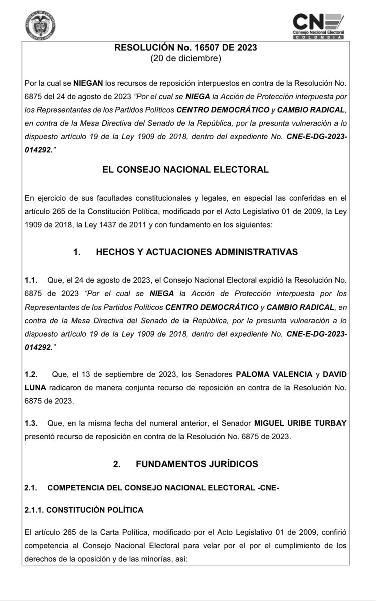 AlexLopezMaya's tweet photo. #ATENCION 🚨| El año pasado al final de mi mandato como presidente del @SenadoGovCo, recibí un injusto ataque político por parte de la oposición a través de calumnias, malos tratos y varias tutelas en mi contra y acciones judiciales de miembros de la oposición que falsamente alegaron una interpretación del Estatuto de Oposición errónea que fue replicada por algunos medios de comunicación.

Ante este ataque mezquino y ante una persecución judicial injusta, debo manifestarle al país que he ganado 3 tutelas temerarias interpuestas por miembros de la oposición y he ganado 2 decisiones ante el @CNE_COLOMBIA en donde con claridad se demostró que en mi paso como presidente del Senado, jamás violente derecho alguno de los partidos de oposición y se demostró que di todas las garantías a los partidos a pesar de las falacias que reprodujeron a través de medios de comunicación. 

Lastimosamente a pesar de ganar varias decisiones ante la justicia, el daño reputacional no ha sido enmendado pues los medios no han informado sobre la derrota de la oposición y sobre mi correcto actuar como presidente del Senado, por ello, a continuación dejo apartes de la última decisión del CNE que niega la reposición del @CeDemocratico y del @PCambioRadical y aclara que jamás violenté derecho alguno de la oposición: